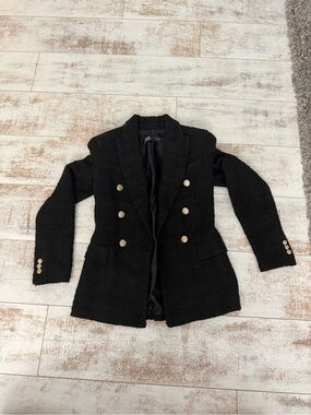 Zara Black Double-Breasted Tweed Blazer with Gold Buttons